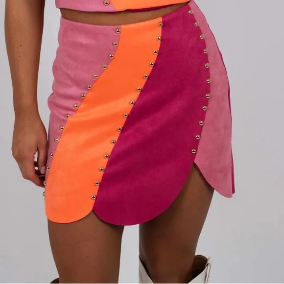 Colorblock Pink & Orange Mini Skirt - Picture 3 of 7